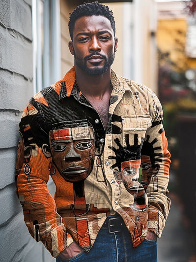 African Vintage Tribal Character Painted Print Corduroy Lapel Pocket Shirt