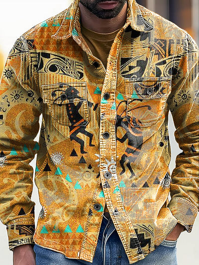 African Vintage Ethnic Tribal Geometric Art Print Corduroy Lapel Pocket Long Sleeve Shirt