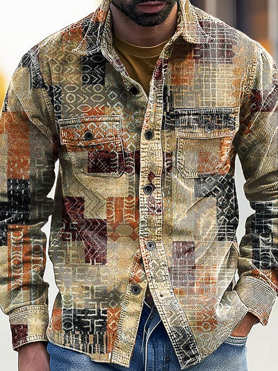 African Vintage Ethnic Geometric Art Print Corduroy Lapel Pocket Long Sleeve Shirt