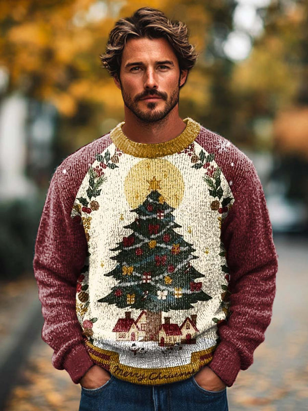 Gentleman Vintage Palace Christmas Tree Fashion Printed Knit Crewneck Sweater