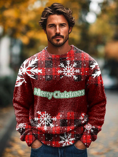 Gentleman Fashion Vintage Christmas Plaid Snowflake Patchwork Print Knit Crewneck Sweater