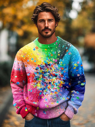 Gentleman Fashion Abstract Iridescent Blossom Print Knit Crewneck Sweater