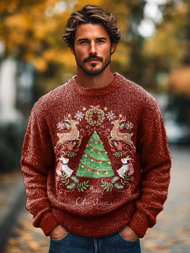 Gentleman Fashion Vintage Christmas Deer Print Knit Crewneck Sweater