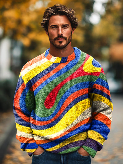 Gentleman Vintage Rainbow Color Irregular Line Art Print Knit Crew Neck Pullover