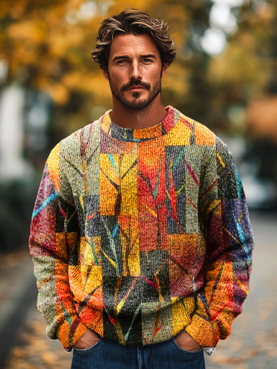 Gentleman Vintage Multicolor Plaid Bamboo Art Print Knit Crew Neck Pullover Sweater