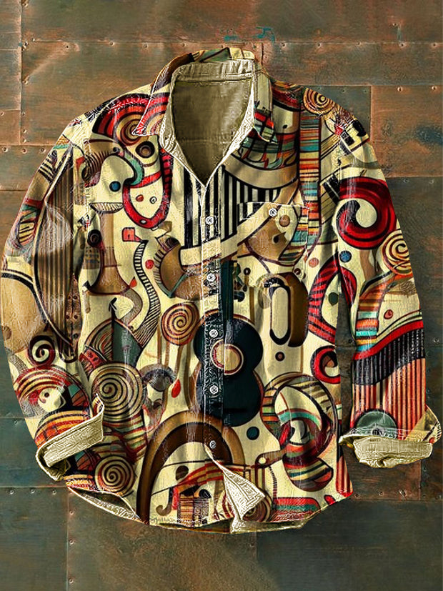 Unisex Ethnic Western Painted Vintage Printed Cotton Long Sleeve Lapel Pocket Shirt