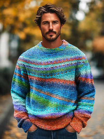 Gentleman Vintage Multicolor Stripe Art Print Knit Crew Neck Pullover Shirt