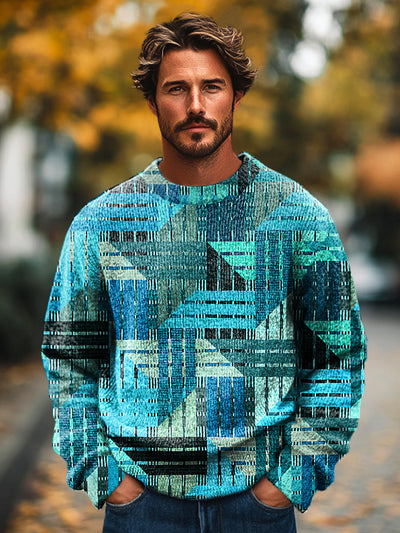 Gentleman Vintage Geometric Line Art Print Knit Crew Neck Pullover