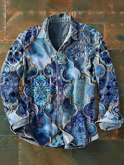 Unisex Geometric Ethnic Vintage Printed Cotton Long Sleeve Lapel Pocket Shirt