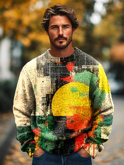 Gentleman's Vintage Multicolor Ink Abstract Art Print Knit Crew Neck Pullover