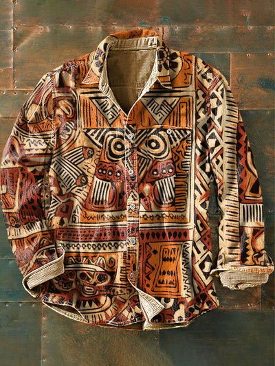 Unisex Tribal Ethnic Geometric Vintage Printed Cotton Long Sleeve Lapel Pocket Shirt