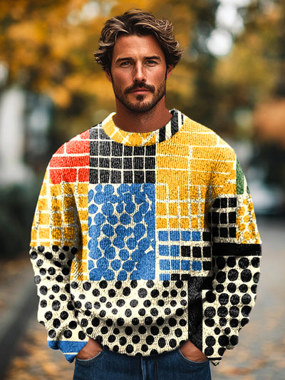 Gentleman Vintage Multicolor Geometric Polka Dot Art Print Knit Crew Neck Pullover Shirt