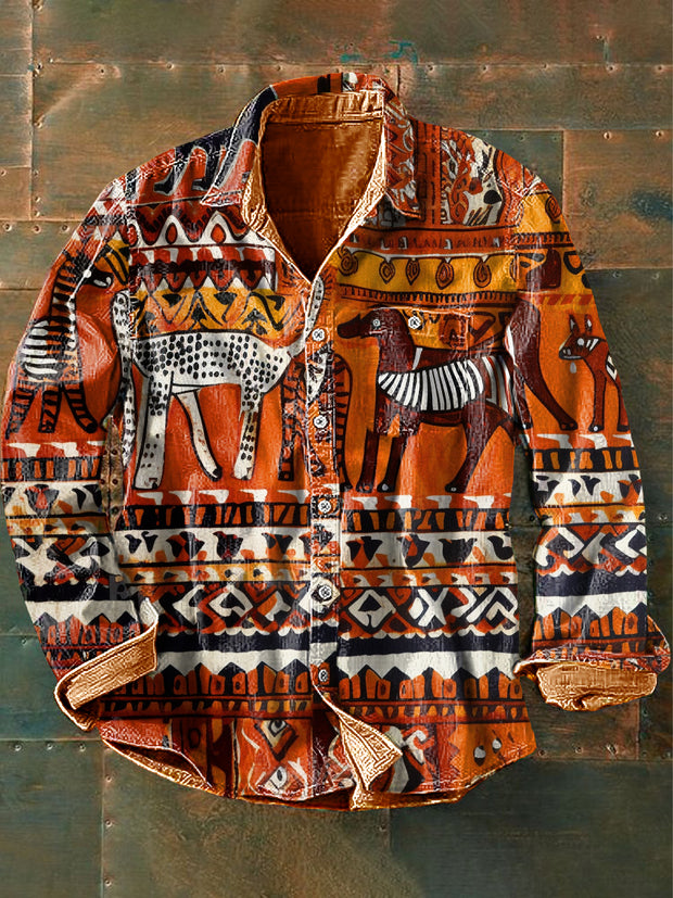 Unisex Tribal Ethnic Vintage Printed Cotton Long Sleeve Lapel Pocket Shirt