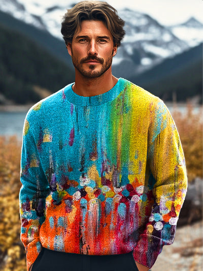 Gentleman Vintage Rainbow Color Abstract Art Print Knit Crew Neck Pullover