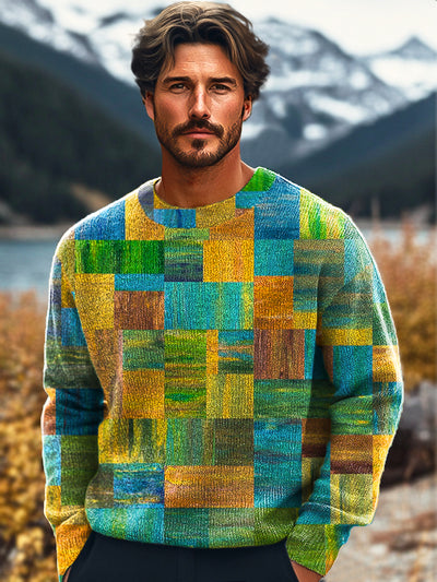 Gentleman's Vintage Colorblock Art Print Knit Crew Neck Pullover Sweatshirt