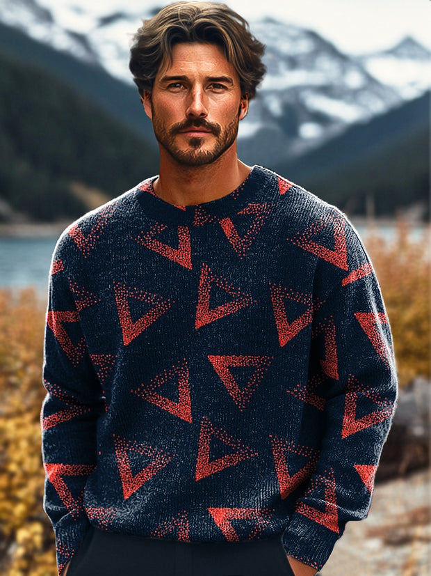 Gentleman Vintage Classic Geometric Art Print Knit Crew Neck Pullover Shirt