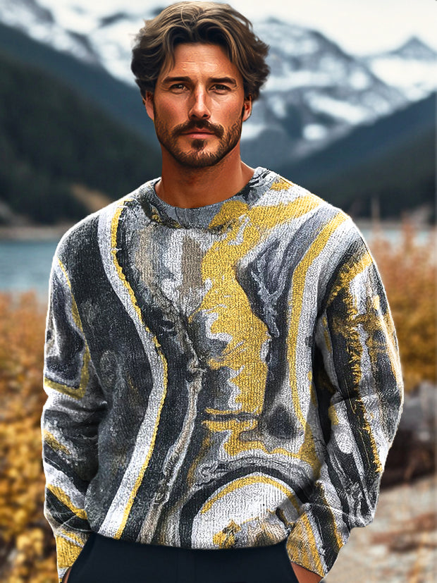 Gentleman Vintage Abstract Line Swoosh Art Print Knit Crew Neck Pullover