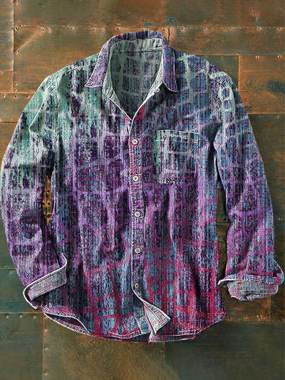 Unisex Vintage Gradient Plaid Art Print Lapel Long Sleeve Pocket Shirt