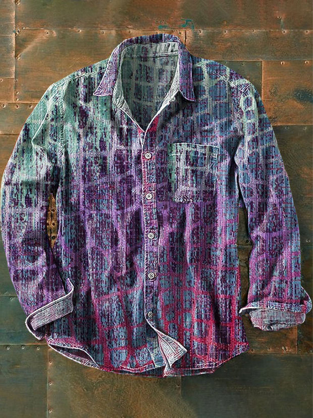 Unisex Vintage Gradient Plaid Art Print Lapel Long Sleeve Pocket Shirt