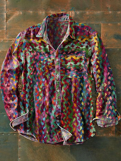 Unisex Vintage Rainbow Color Dotted Line Art Print Lapel Long Sleeve Pocket Shirt