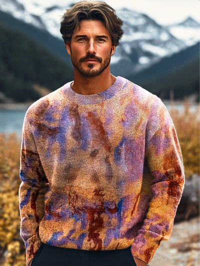 Gentleman Vintage Abstract Multicolor Swoosh Art Print Knit Crew Neck Pullover Sweater