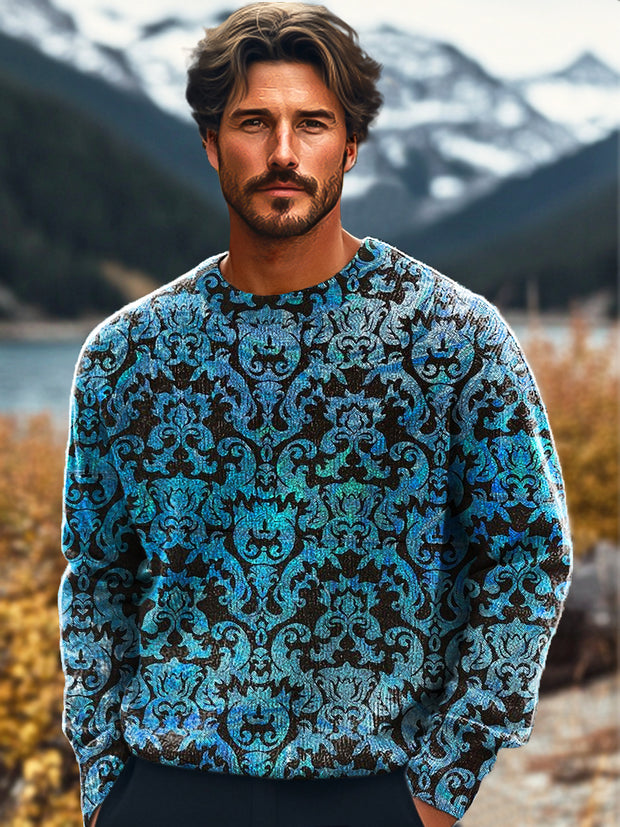 Gentleman Vintage Blue Floral Art Print Knit Crew Neck Pullover Shirt