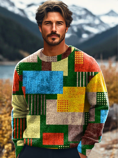 Gentleman Vintage Color Block Line Art Print Knit Crew Neck Pullover