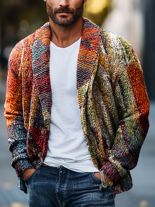 Gentleman Vintage Abstract Multicolor Textured Art Print Lapel Pocket Knit Cardigan