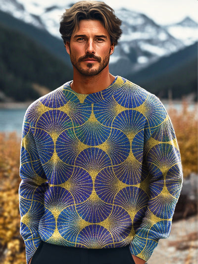 Gentleman Vintage Geometric Wave Art Print Knit Crew Neck Pullover Shirt