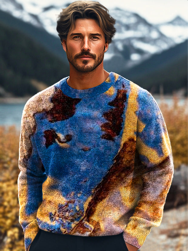 Gentleman's Vintage Abstract Irregular Multicolor Art Print Knit Crew Neck Pullover