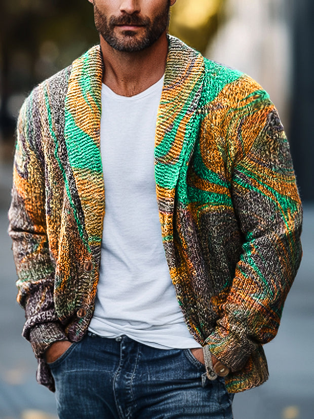 Gentleman Vintage Abstract Colorful Marbled Art Print Lapel Pocket Knit Cardigan