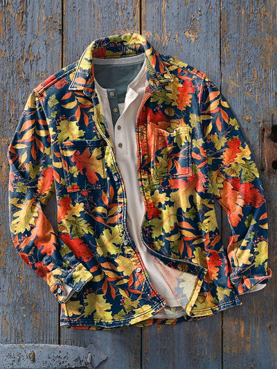 Men's Vintage Colorful Maple Leaf Art Print Soft Lapel Pocket Shirt