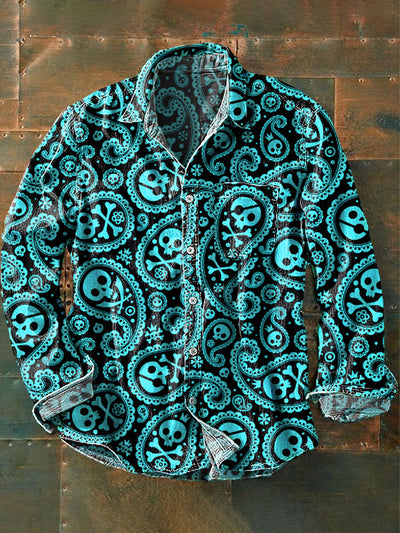 Men's Vintage Western Paisley Skull Art Print Lapel Long Sleeve Pocket Shirt