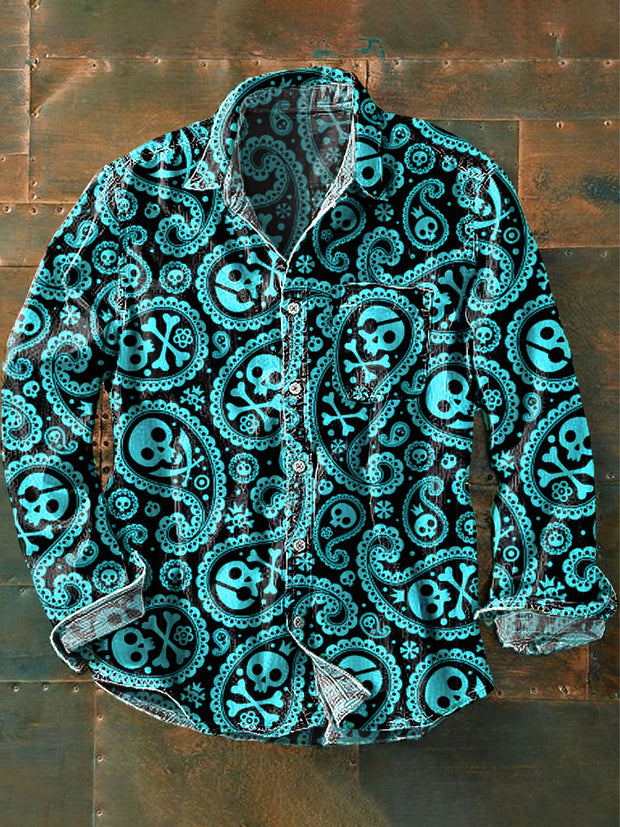 Men's Vintage Western Paisley Skull Art Print Lapel Long Sleeve Pocket Shirt