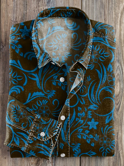 Men's Vintage Western Floral Art Print Lapel Long Sleeve Shirt