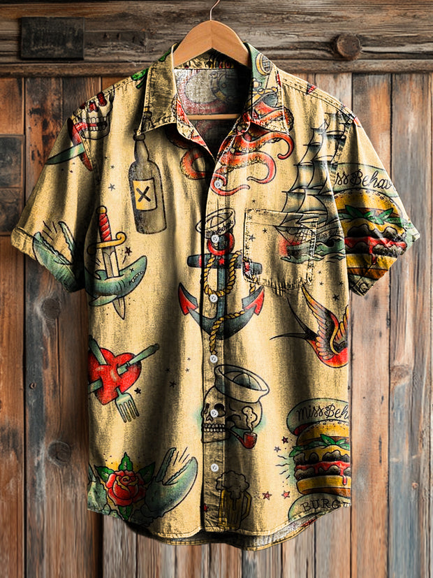 Men's Vintage Skull Ocean Art Print Short Sleeve Pocket Shirt