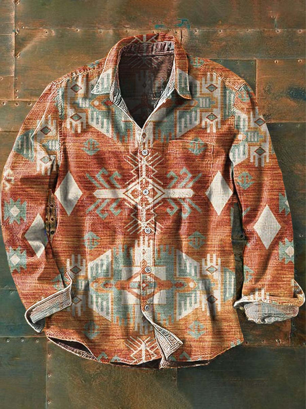 Men's Vintage Western Pattern Print Casual Long Sleeve Lapel Shirt