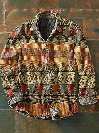 Men's Vintage Western Pattern Print Casual Long Sleeve Lapel Shirt