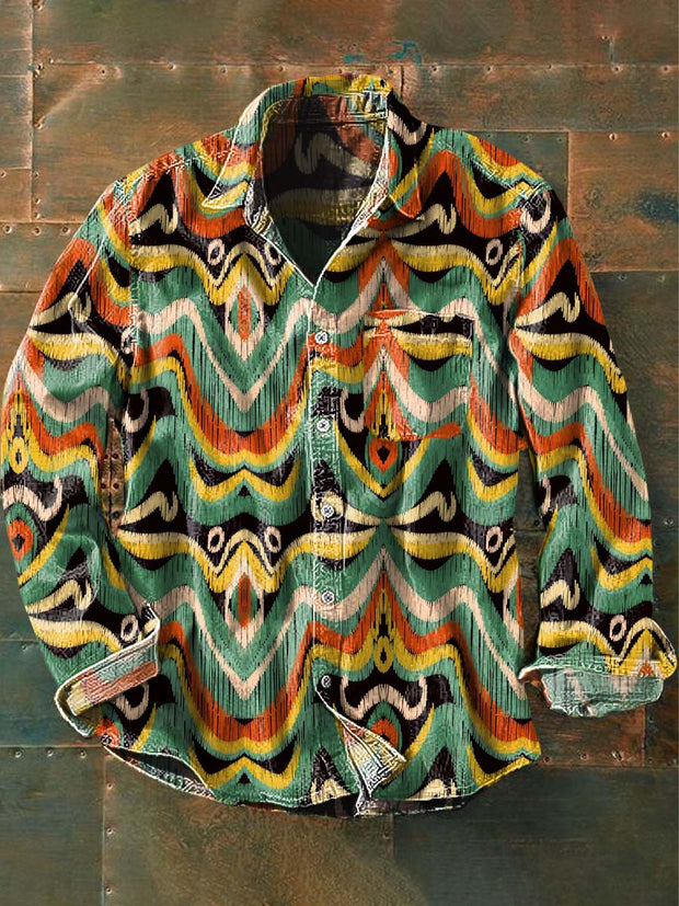 Men's Vintage Western Pattern Print Casual Long Sleeve Lapel Shirt
