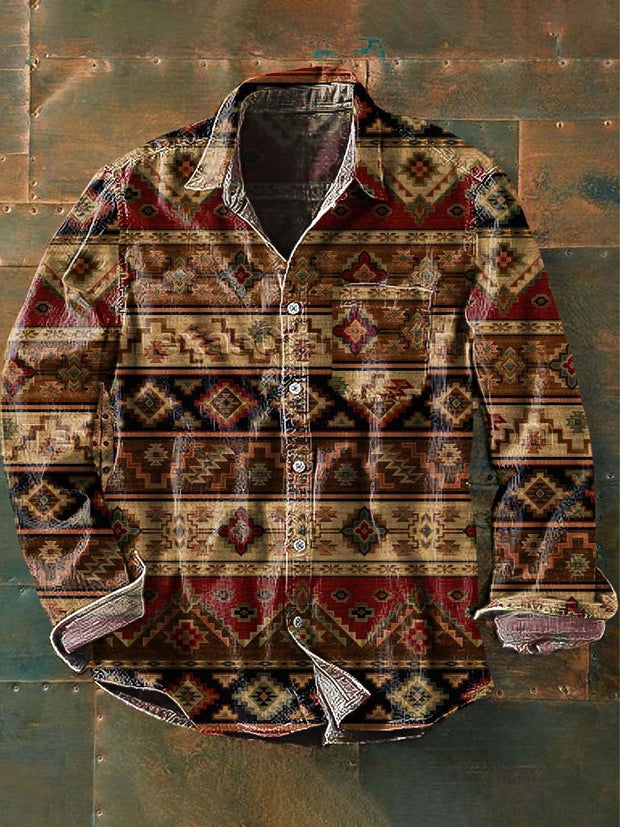 Men's Western Print Casual Lapel Long Sleeve Shirt