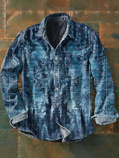 Men's Western Cowboy Print Casual Lapel Long Sleeve Shirt