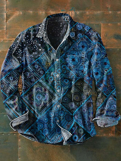 Men's Vintage Western Pattern Print Casual Long Sleeve Lapel Shirt