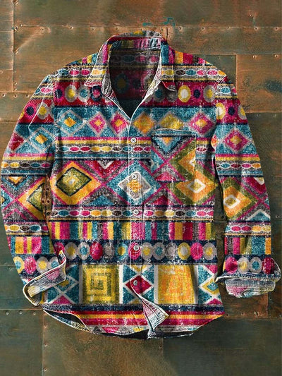 Men's Vintage Western Style Pattern Printed Casual Lapel Long Sleeve Shirt