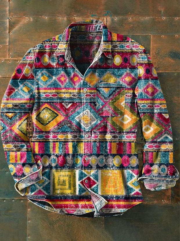 Men's Vintage Western Style Pattern Printed Casual Lapel Long Sleeve Shirt