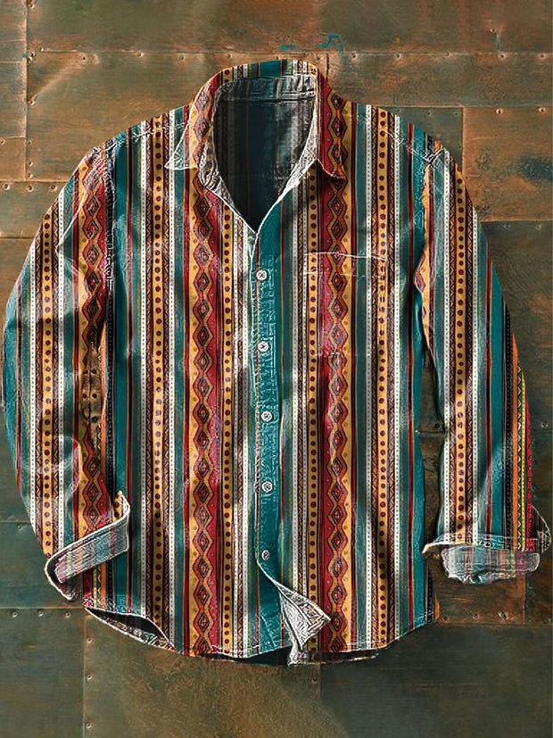 Men's Vintage Western Pattern Print Casual Long Sleeve Lapel Shirt