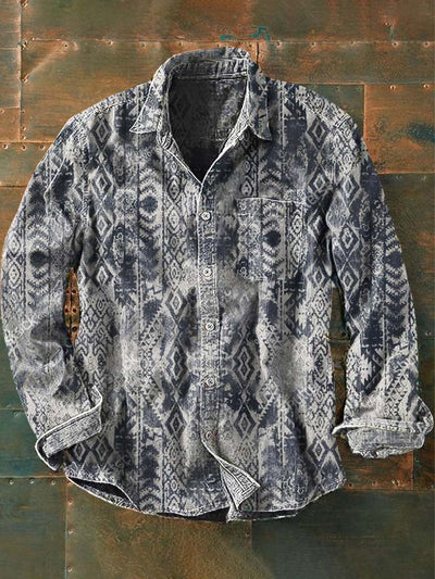 Men's Vintage Western Style Pattern Printed Casual Lapel Long Sleeve Shirt