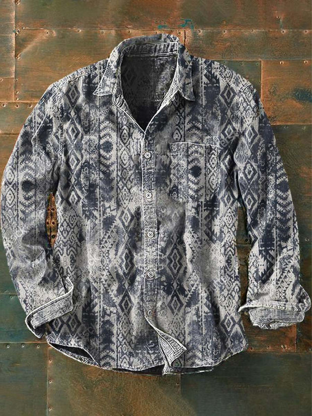 Men's Vintage Western Style Pattern Printed Casual Lapel Long Sleeve Shirt