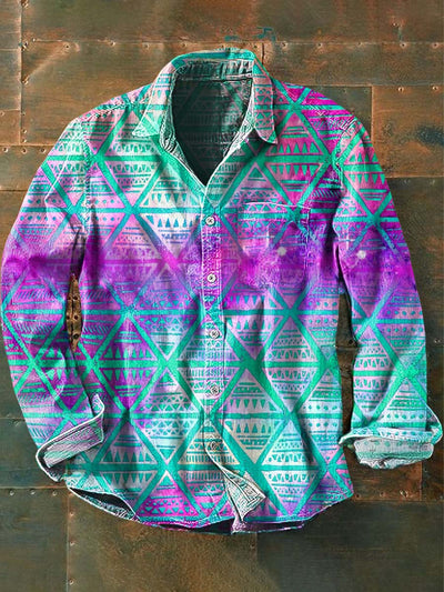 Men's Vintage Western Pattern Print Casual Lapel Long Sleeve Shirt