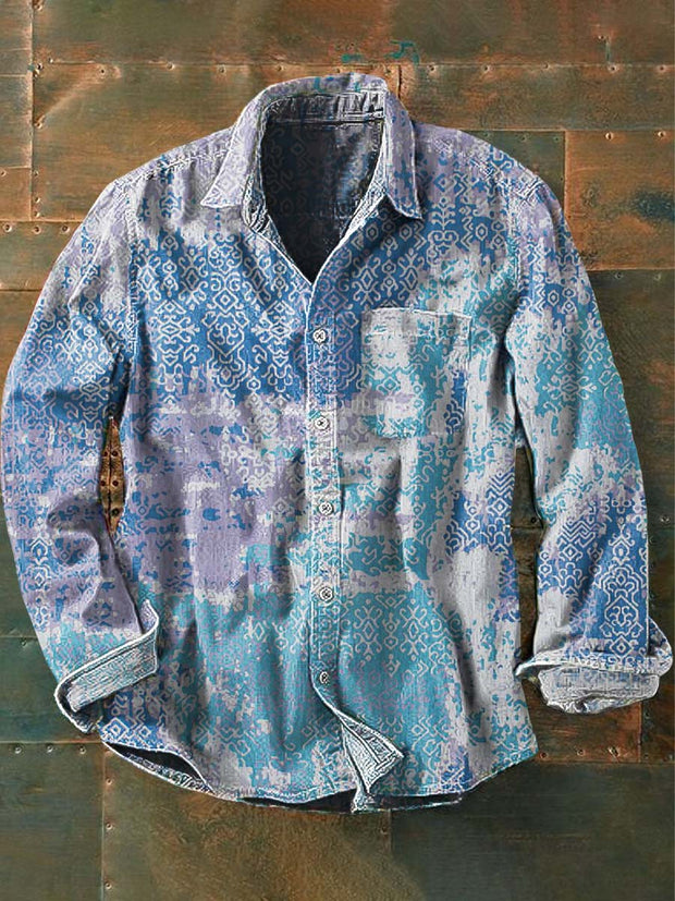 Men's Retro Western Print Casual Lapel Long Sleeve Shirt