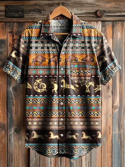 Men's Vintage Western Stripe Color Art Print Short Sleeve Pocket Shirt